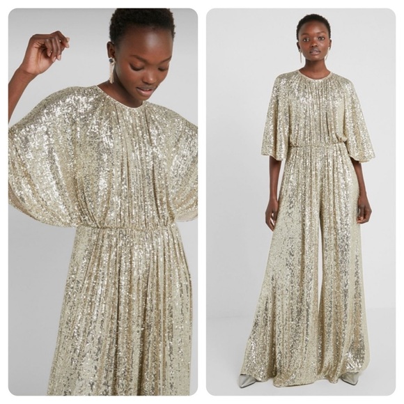 PINKO Aquarius Gold Sequin Jumpsuit Flared Sleeve Wide Leg Cocktail US 6 NWT